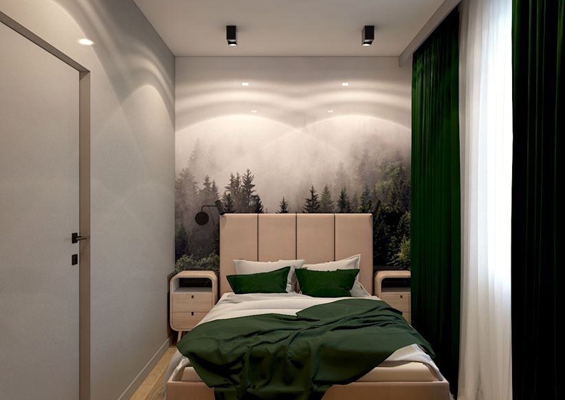 Mała sypialnia z fototapetą z widokiem na las
