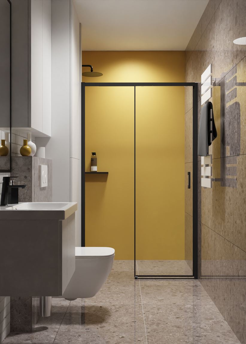 Kamień i żółta ściana w nowoczesnej łazience