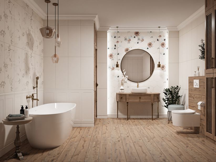 Drewno i florystyczne dekory Tubądzin Mild Garden w klasycznej łazience