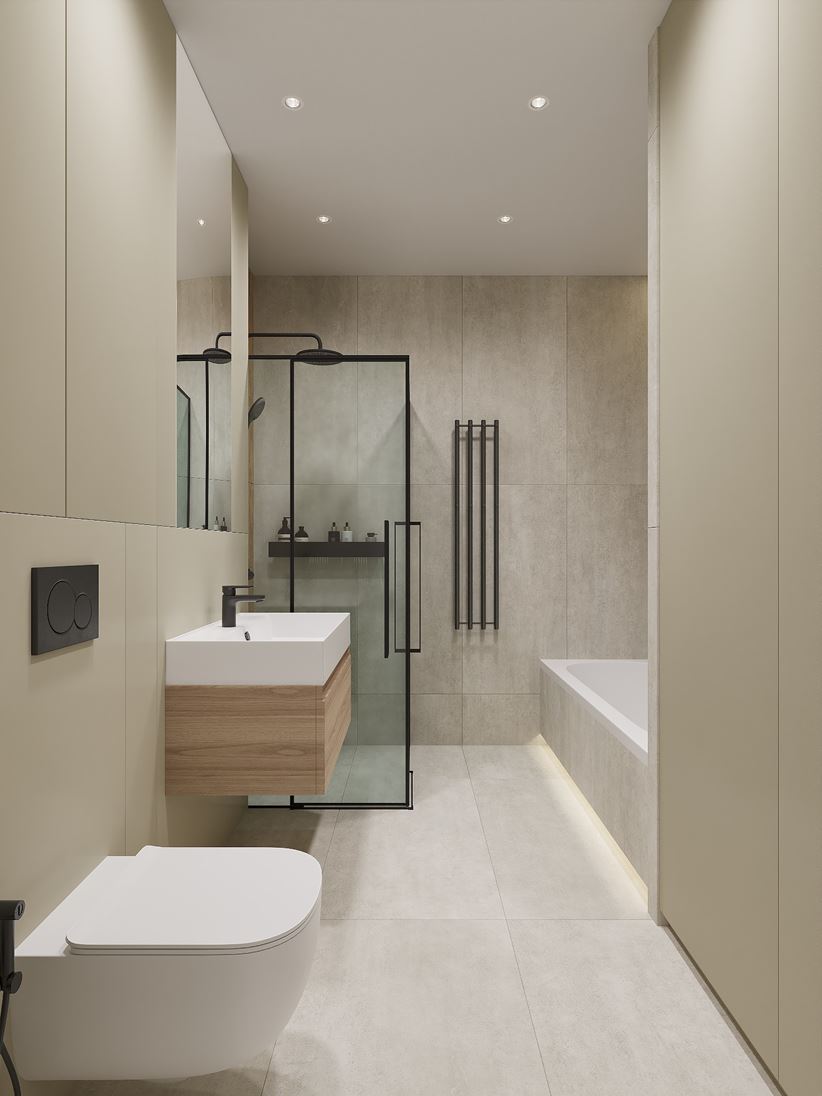 Minimalistyczna, prostokątna łazienka z prysznicem i wanną