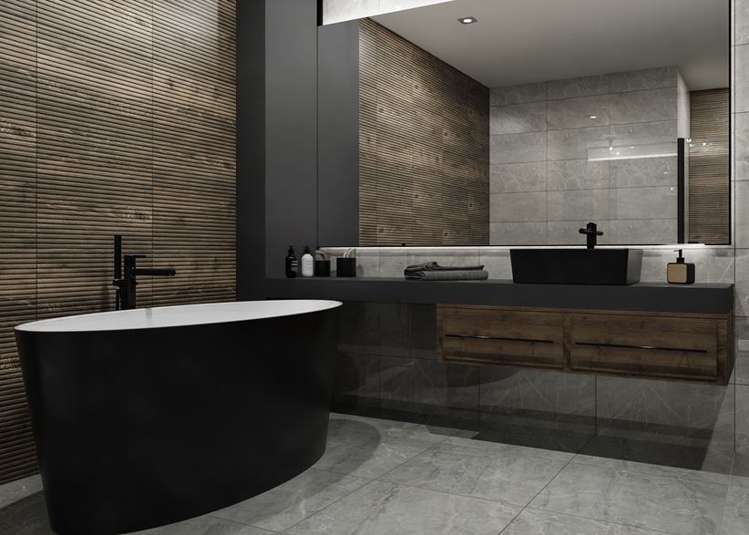 Kamień i strukturalne drewno w nowoczesnej łazience Paradyż Afternoon