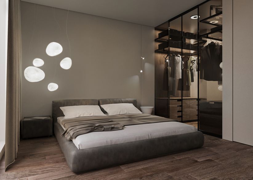 Minimalistyczna sypialnia taupe z czernią