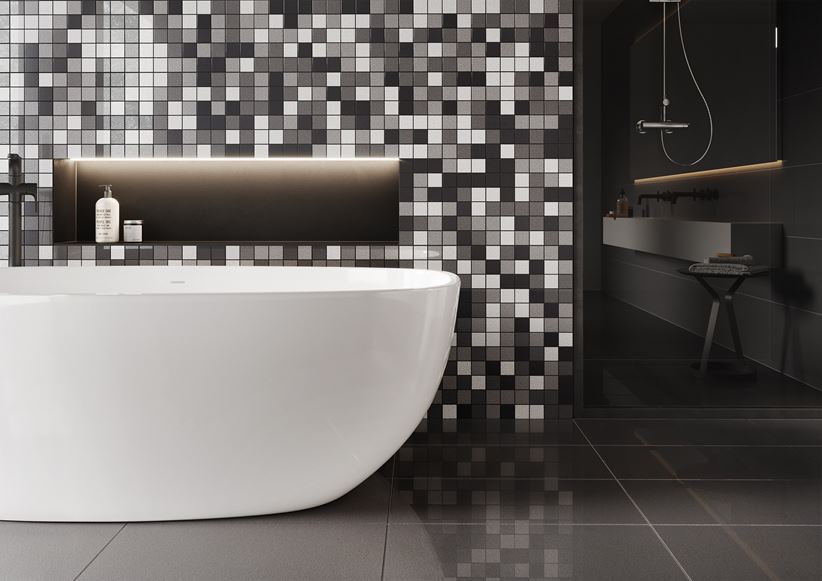 Łazienka z czarno-białą mozaiką Cerrad Cambia