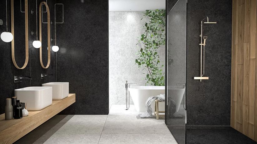 Szaro-czarna łazienka z kabiną walk-in