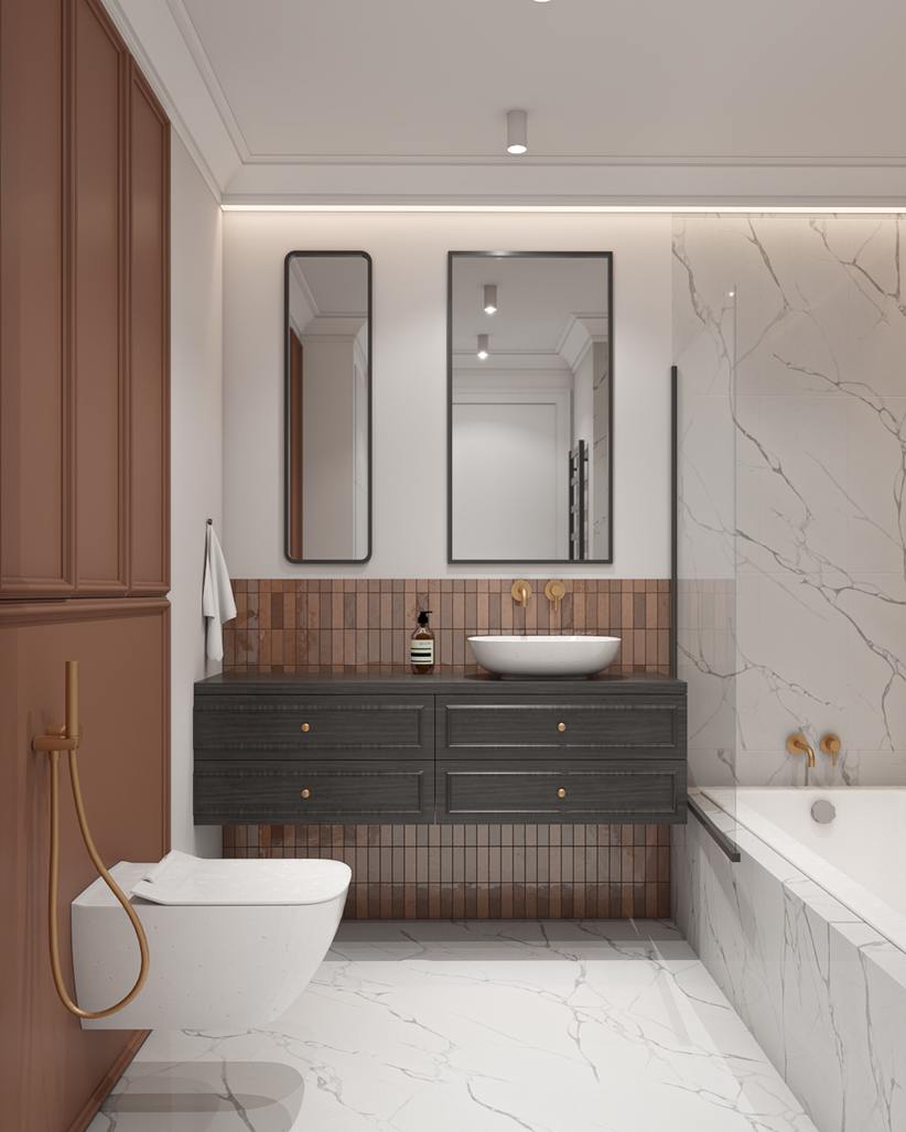 Klasycznie stylowa łazienka z białym marmurem i rudymi akcentami