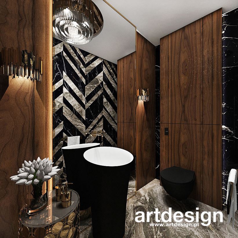 Toaleta z elementami czerni, drewna i złota