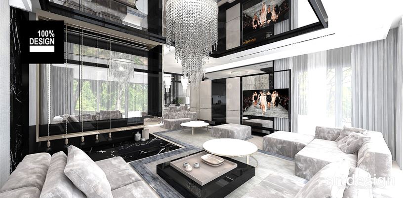 Szaro-czarny nowoczesny salon w domu jednorodzinnym