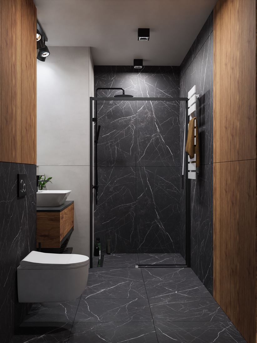 Czarny kamień i drewno w nowoczesnej łazience