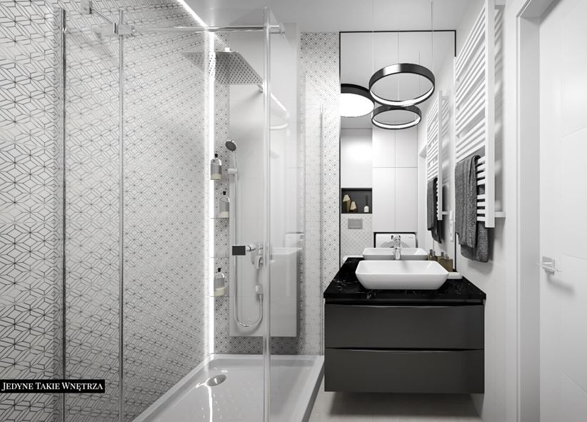 Biało-czarna łazienka z delikatnym wzorem