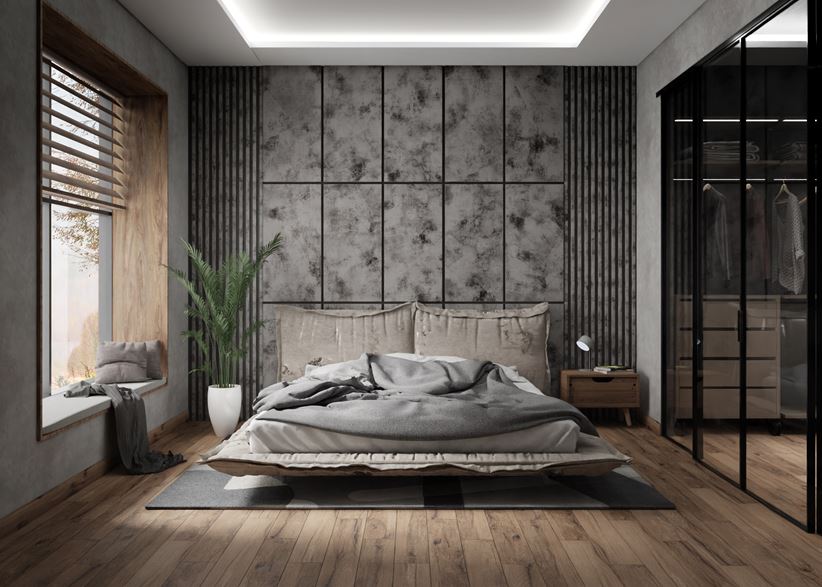 Szara sypialnia z podłogą wykończoną w brązowym drewnie