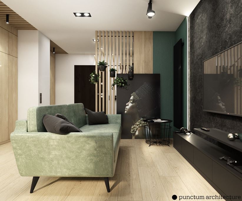 Salon z czernią i zielenią i drewnem