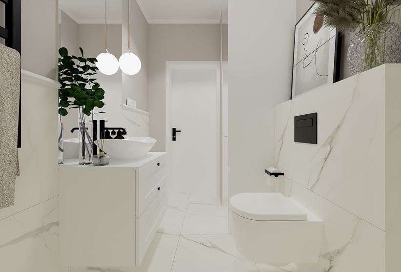 Biało-marmurowa łazienka z czarnymi akcentami