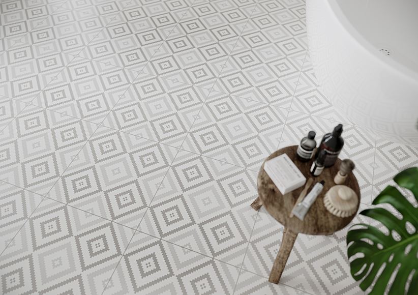 Podłoga w łazience w patchworkach z kolekcji Opoczno Lovely Patchwork