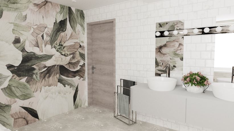 Jasna łazienka z kwiatami i białymi płytkiami