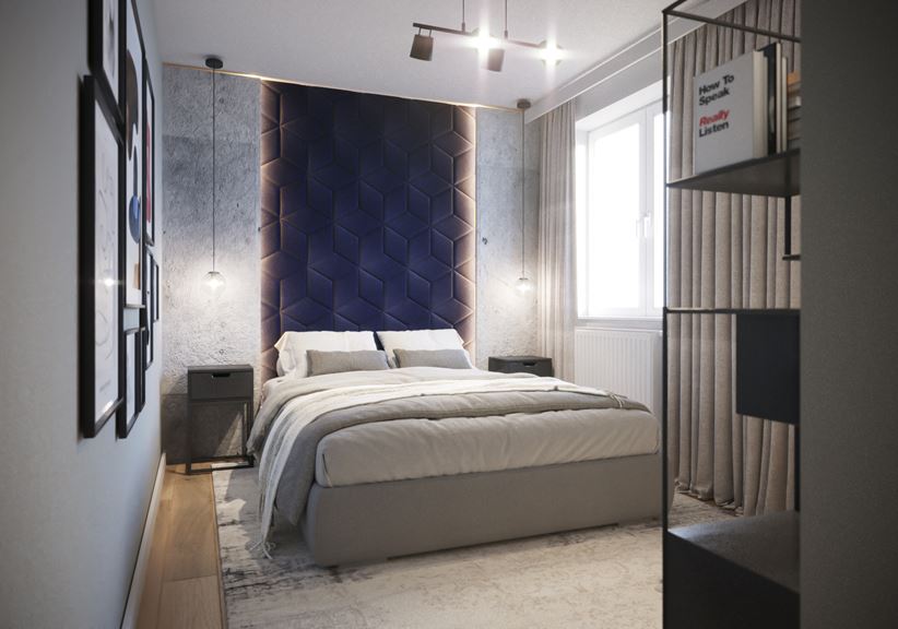 Sypialnia z granatowymi panelami 3d na wezgłowiu łóżka