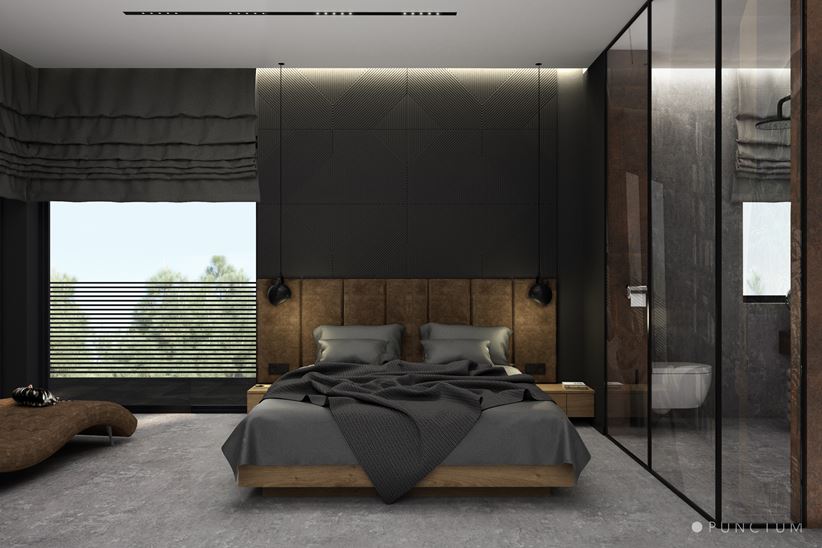 Sypialnia w czerni i drewnie