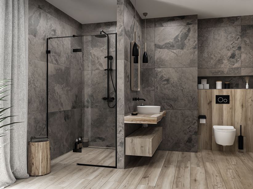 Wielkoformatowy szary kamień w łazience z dodatkiem drewna