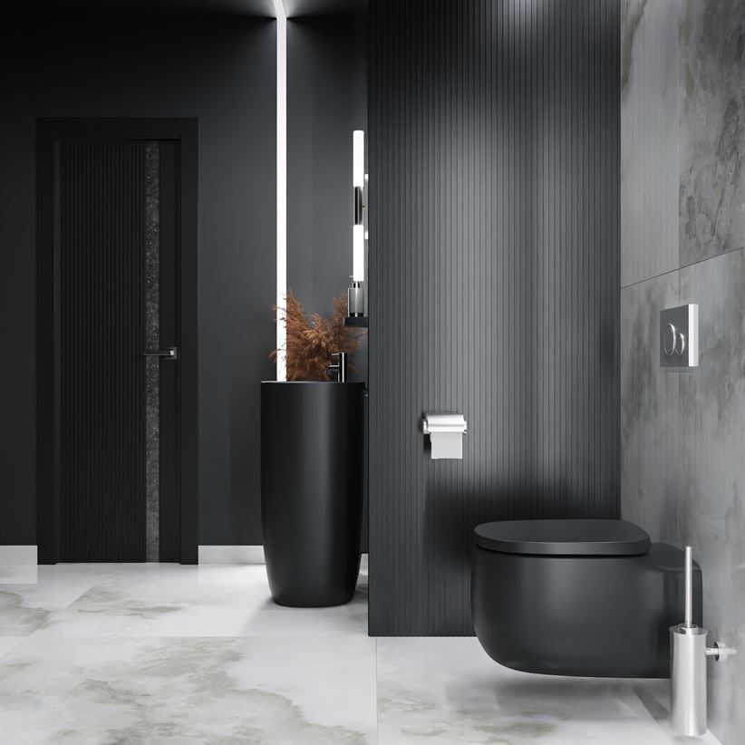 Czarno-biała łazienka z ciemną ceramiką