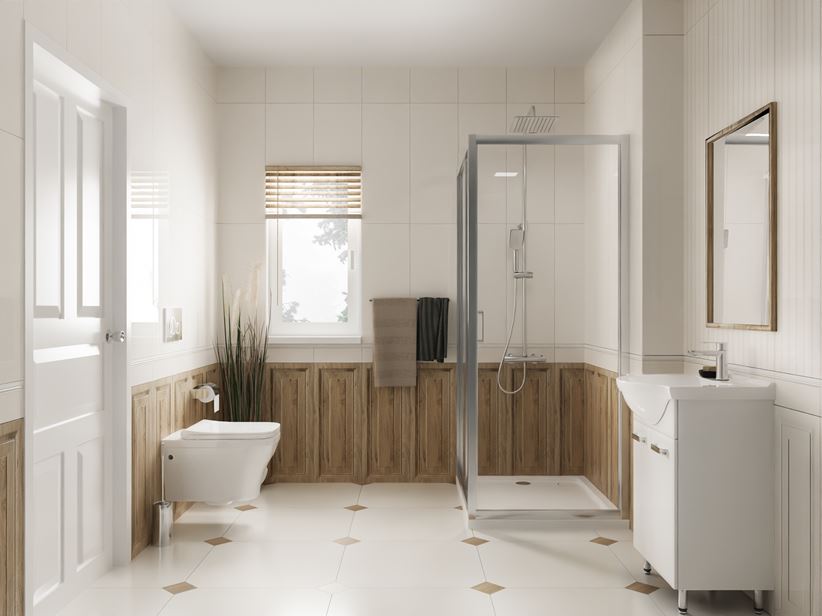 Biel i drewno w klasycznej aranżacji łazienki