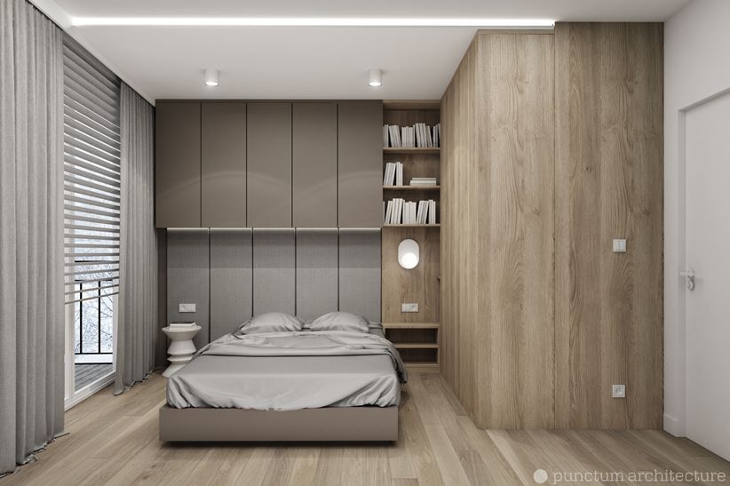 Sypialnia w aranżacji z drewnem i szarością
