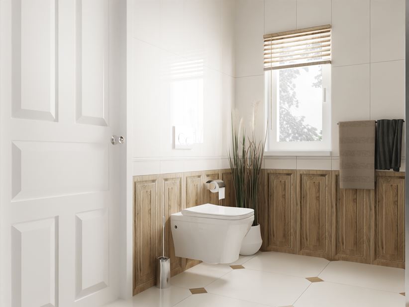 Biel i drewno i klasycznej łazience Tubądzin Royal Place