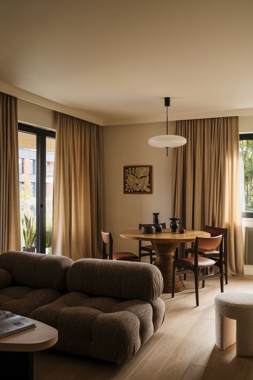 Elegancki salon z drewnianym stołem