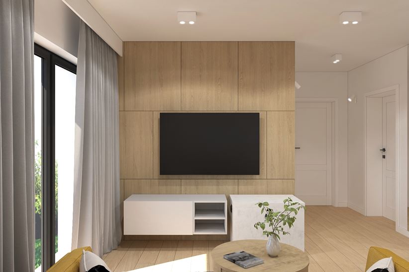 Salon z drewnianymi panelami na ścianie RTV