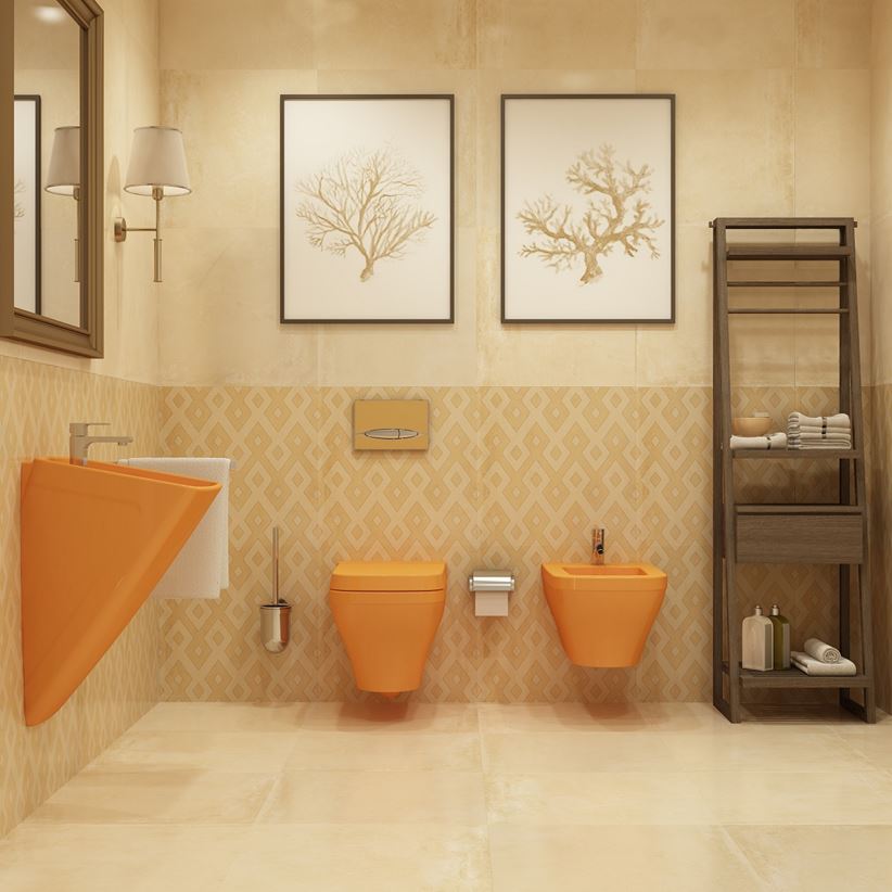 Pomarańczowa ceramika Bocchi Firenze z bezowej łazience