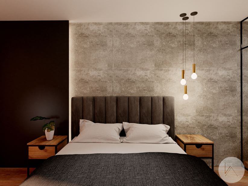 Modna betonowa ściana w sypialni
