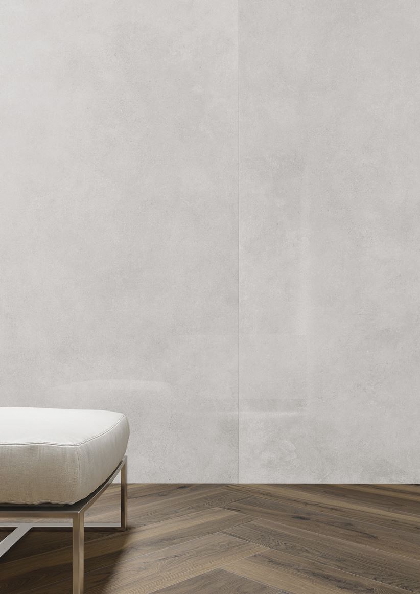 Detal szarej płytki wielkoformatowej z kolekcji Cerrad Modern Concrete
