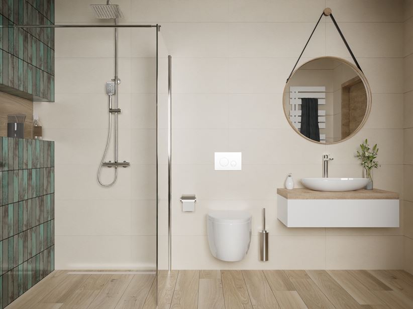 Biel i brąz w nowoczesnej łazience z kaflami Tubądzin Curio