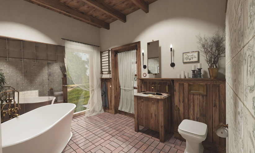 Rustykalna łazienka z drewnianym sufitem