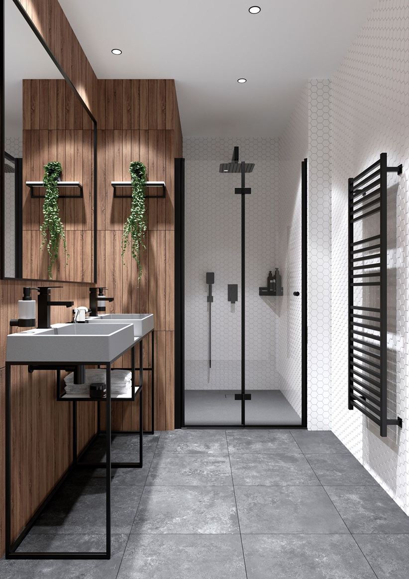 Nowoczesna łazienka w mozaice i drewnie z minimalistycznymi meblami