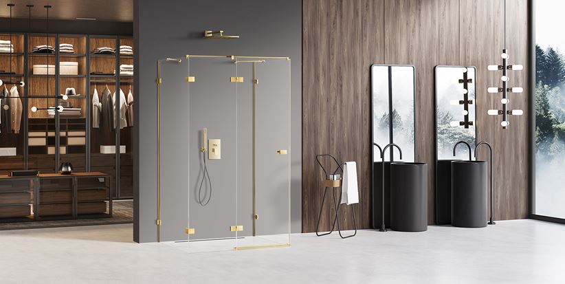 Stylowa łazienka z kabiną ze złotymi profilami New Trendy Avexa Gold Shine