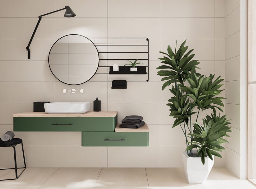 Biało-beżowa łazienka z dodatkiem zieleni