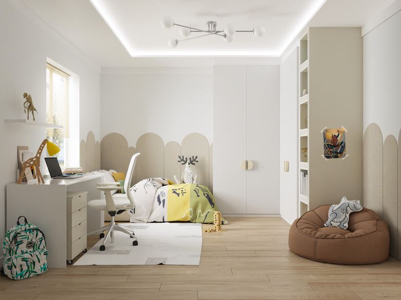 Biało-beżowy pokój dziecka z drewnianą podłogą