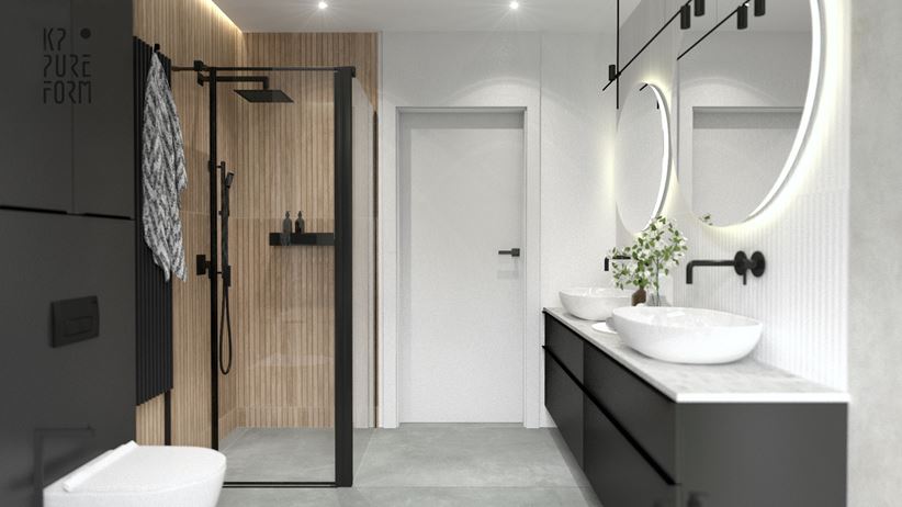 Biała łazienka z szarą podłogą i drewnem