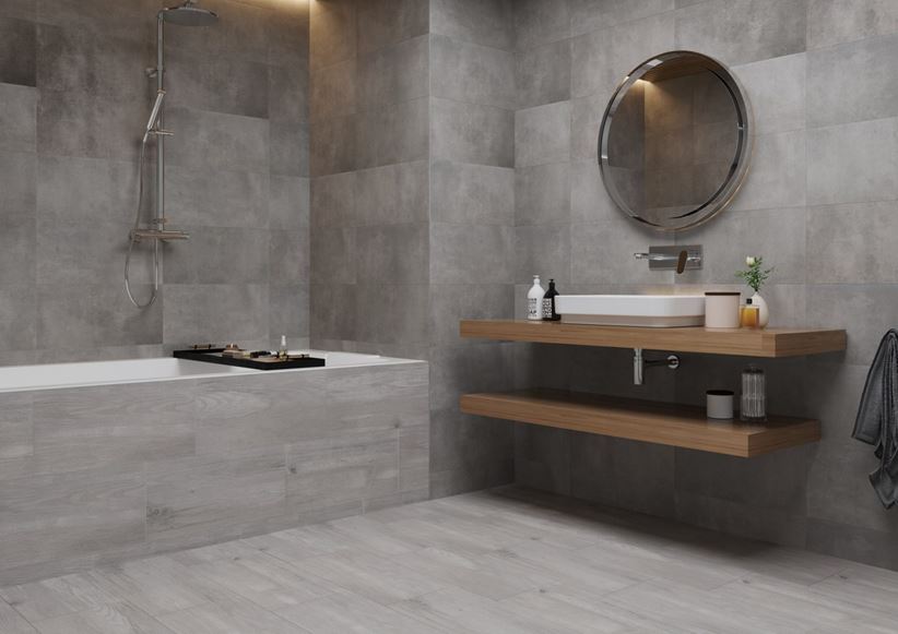 Aranżacja szarej łazienki w betonie i drewnie