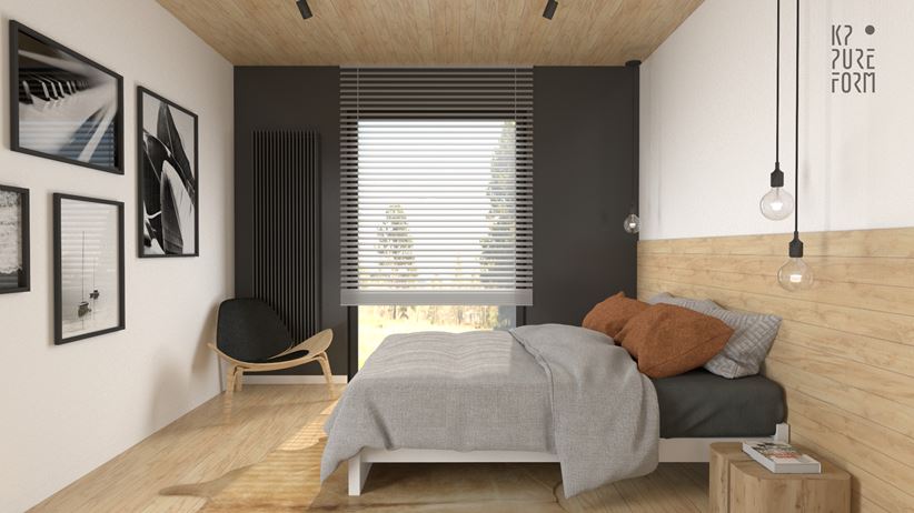 Sypialnia z ciepłym drewnem i dodatkiem czerni