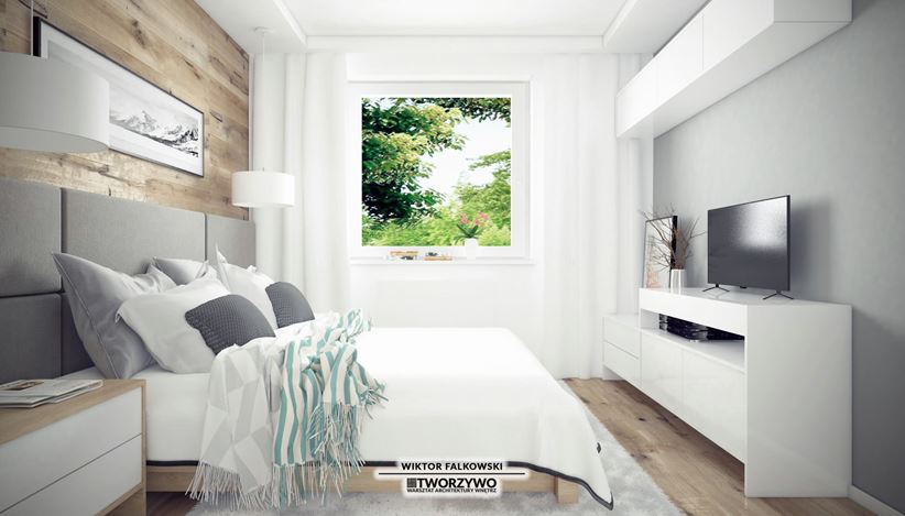 Przytulna sypialnia z drewnem na ścianie