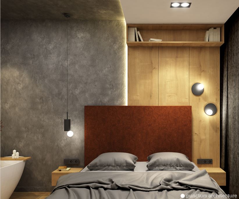 Pomarańczowe łóżko w aranżacji sypialni z drewnem i betonem