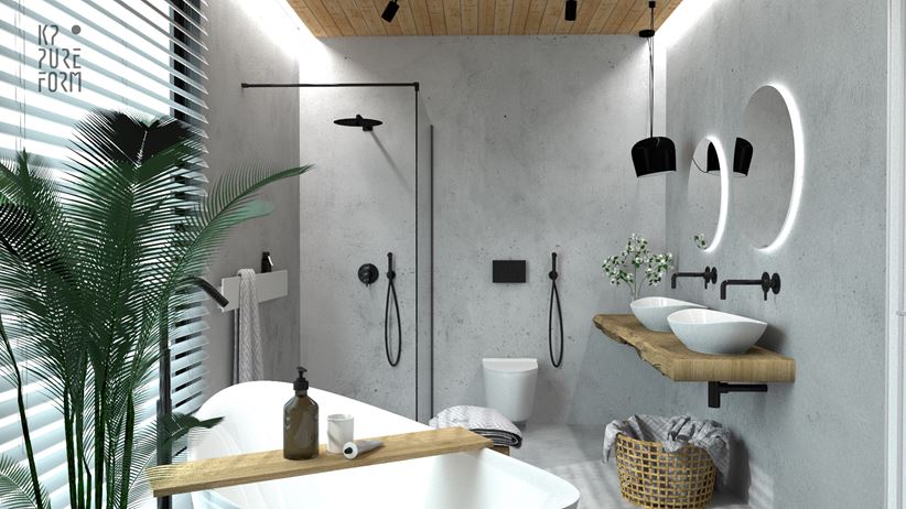 Nowoczesna łazienka z betonem i drewnianym sufitem