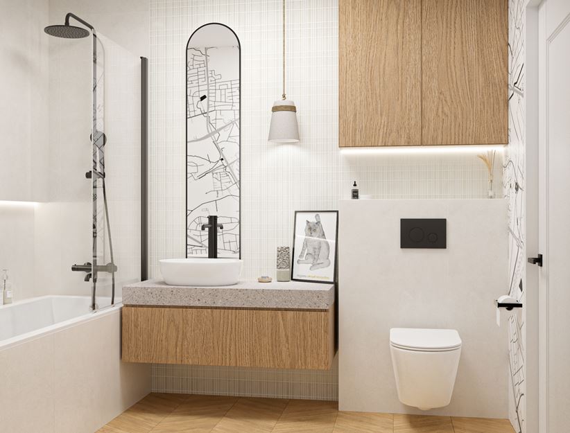 Łazienka w drewnie z białym, mozaikowym wykończeniem