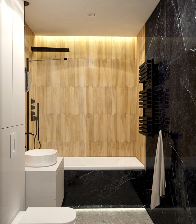 Czarny marmur i drewno w łazience