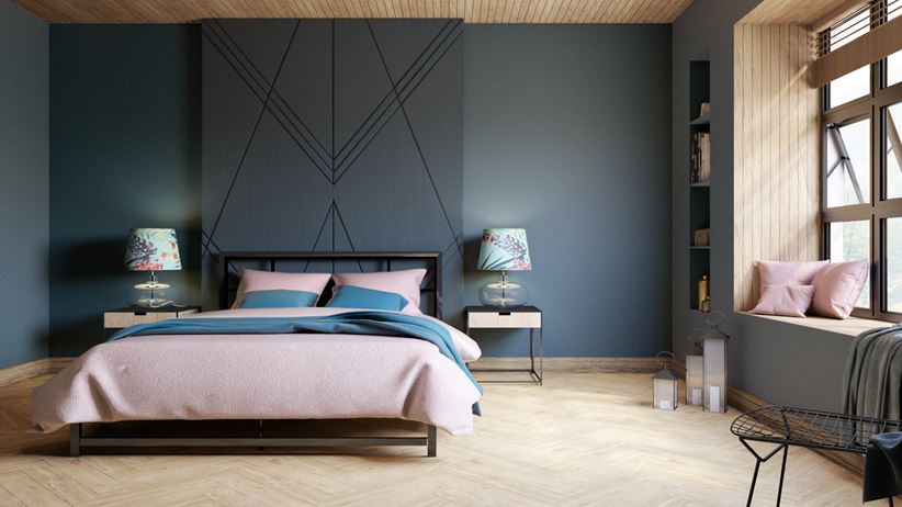 Ciemna sypialnia z drewnianą podłogą