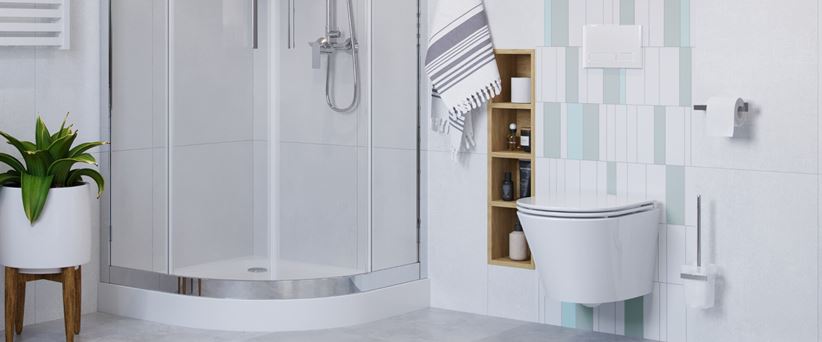 Nowoczesna łazienka w bieli z białym przyciskiem z serii Excellent Gravio