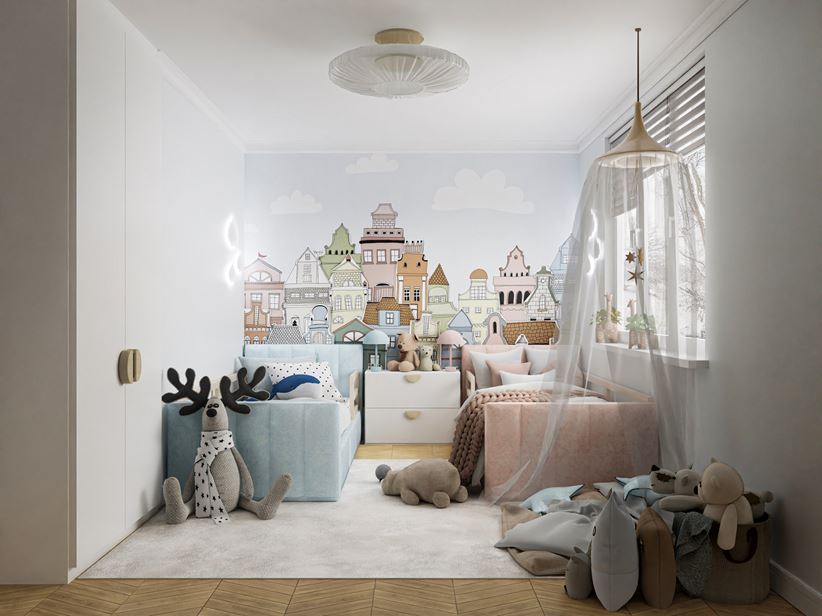 Pokój dzieci z jodełkową podłogą i dekoracyjna ścianą