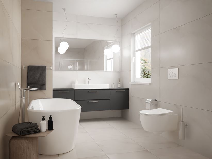 Jasna łazienka z oknem i kaflami Paradyż Elegantstone