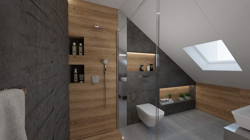 Szara łazienka z kaflami strukturalnymi pod prysznicem