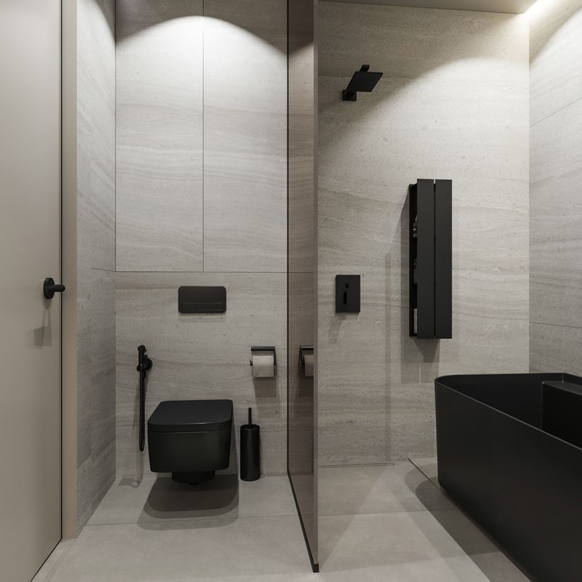 Minimalistyczna łazienka z szarym kamieniem i czarną ceramiką